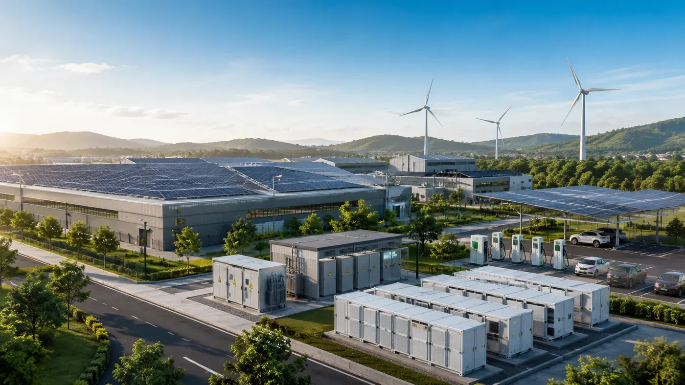 Industrial site combining rooftop solar, wind, battery containers and charging infrastructure