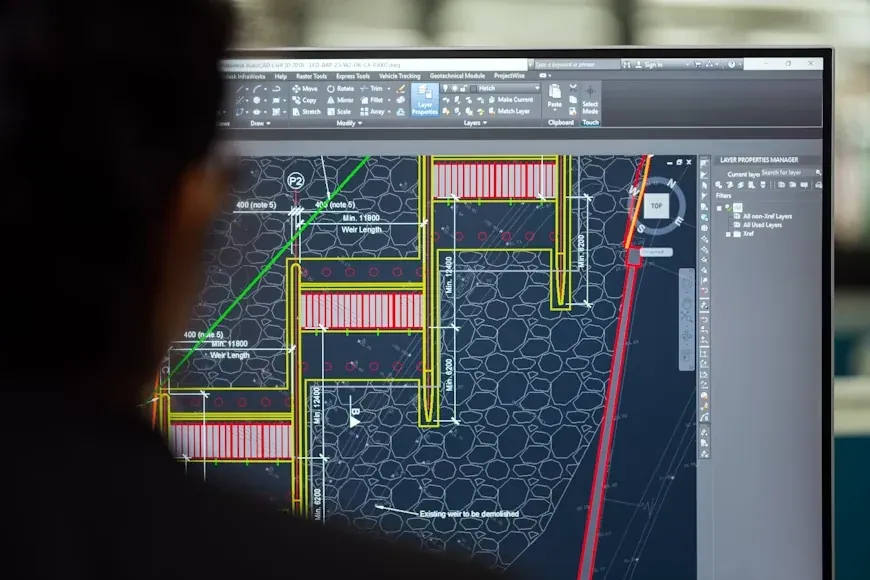 Engineer reviewing a technical design on screen