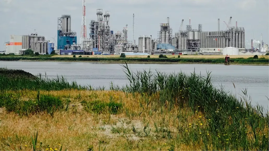 Process plant beside a waterway