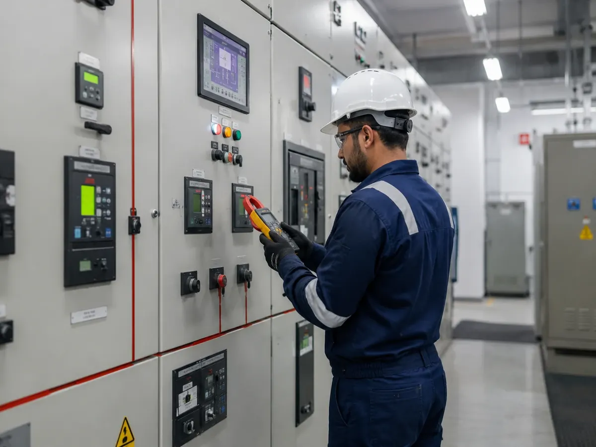 Engineer taking a reading at an electrical panel